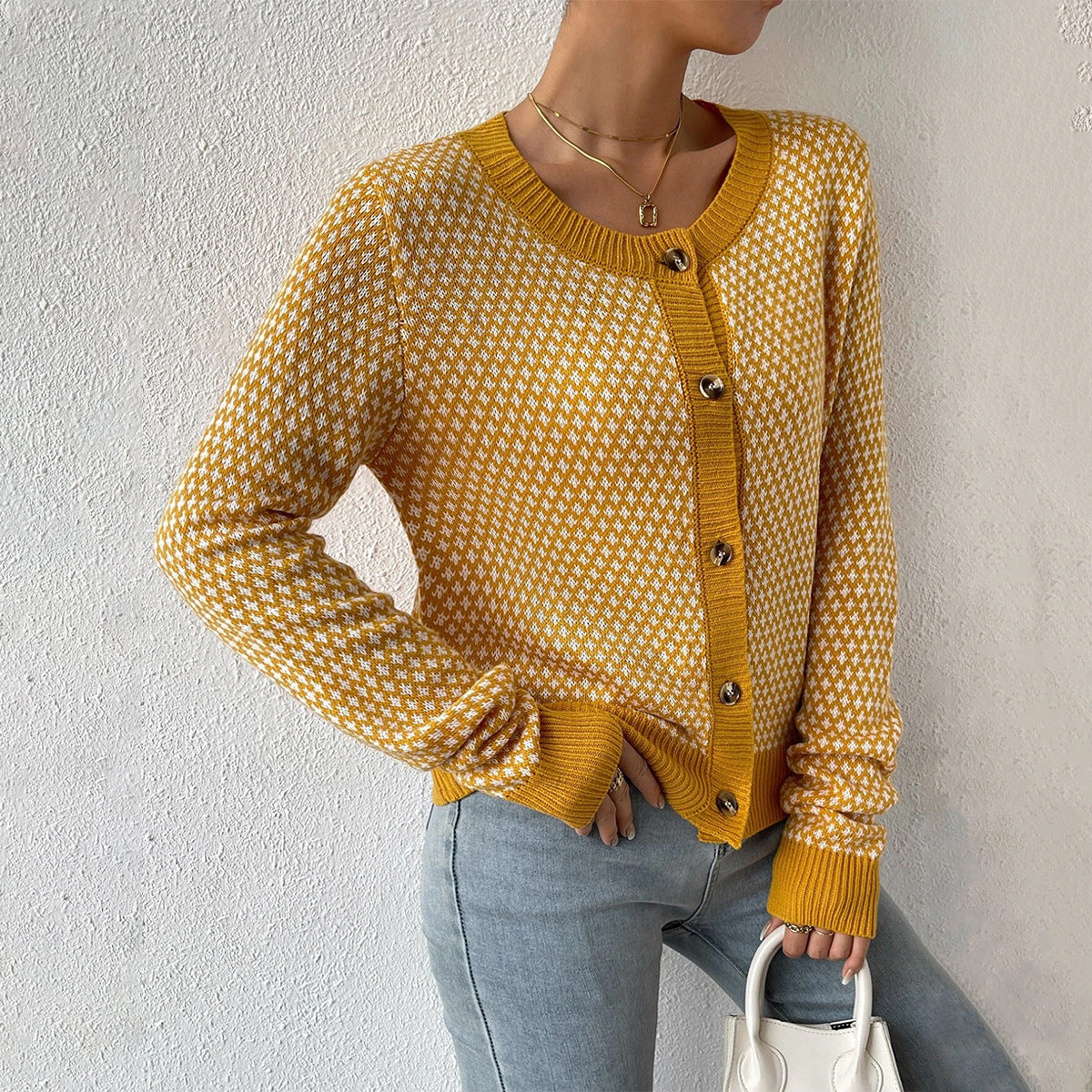 Houndstooth Knit Cardigan – Button-Front Long Sleeve Cropped Sweater
