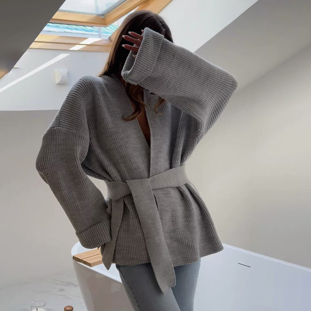 Ribbed Wrap Cardigan – Belted Knit Open-Front Sweater