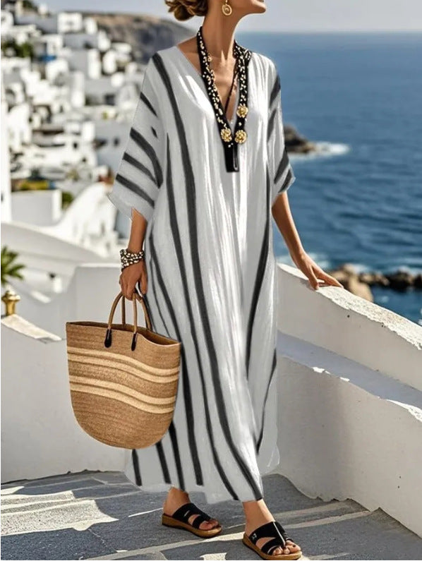 Striped Maxi Kaftan Dress – Boho Beach Cover-Up Resort Dress