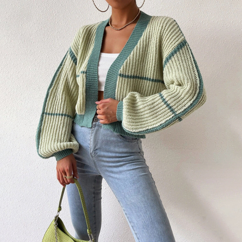 Cropped Knit Cardigan – Color Block Balloon Sleeve Open Front