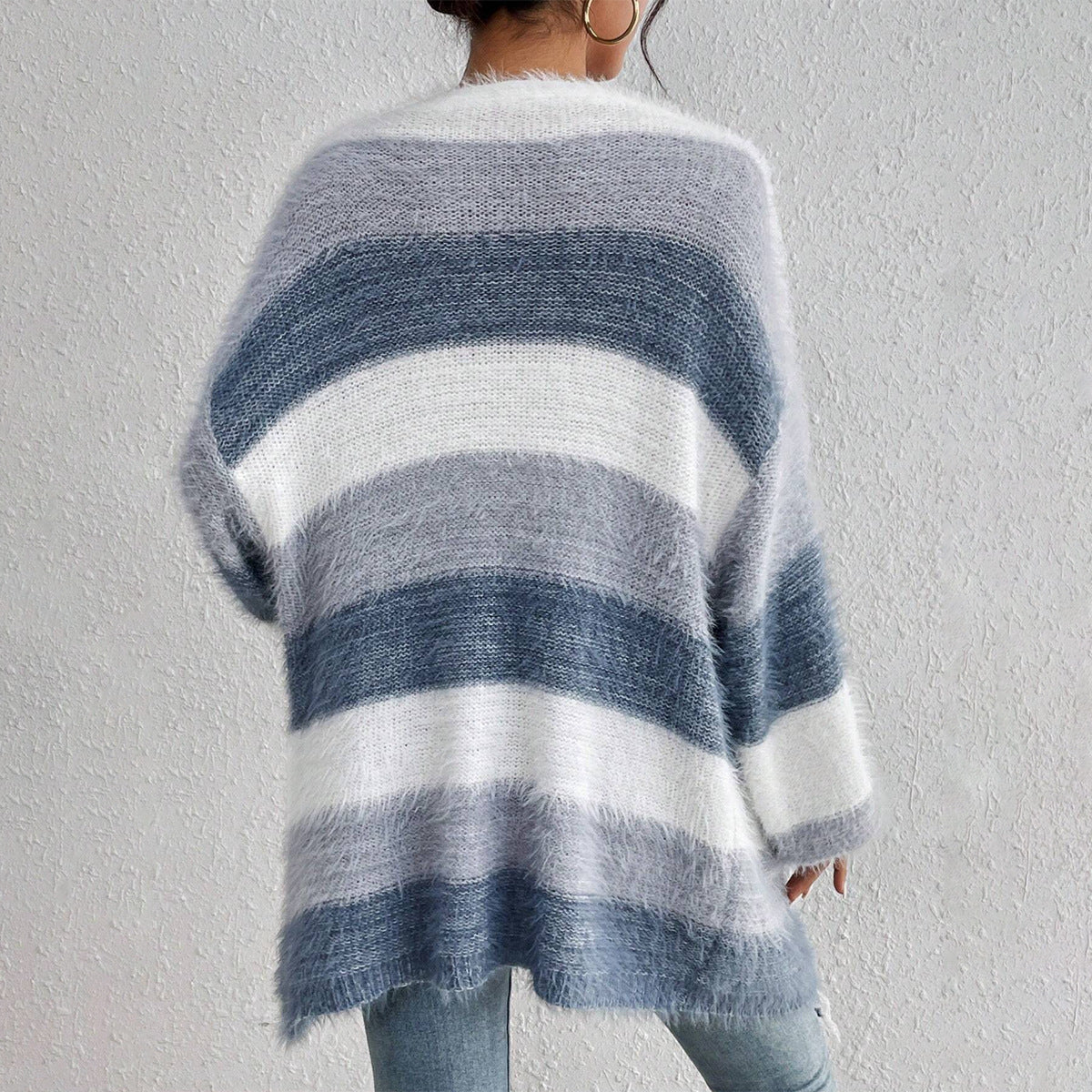 Fuzzy Striped Oversized Cardigan – Open Front Long Sleeve Knit
