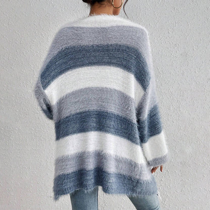 Fuzzy Striped Oversized Cardigan – Open Front Long Sleeve Knit