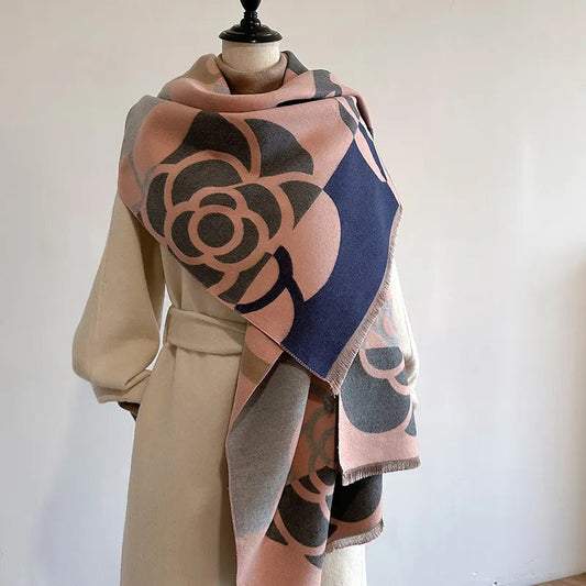 Camellia Print Reversible Scarf – Oversized Floral Wrap with Fringe
