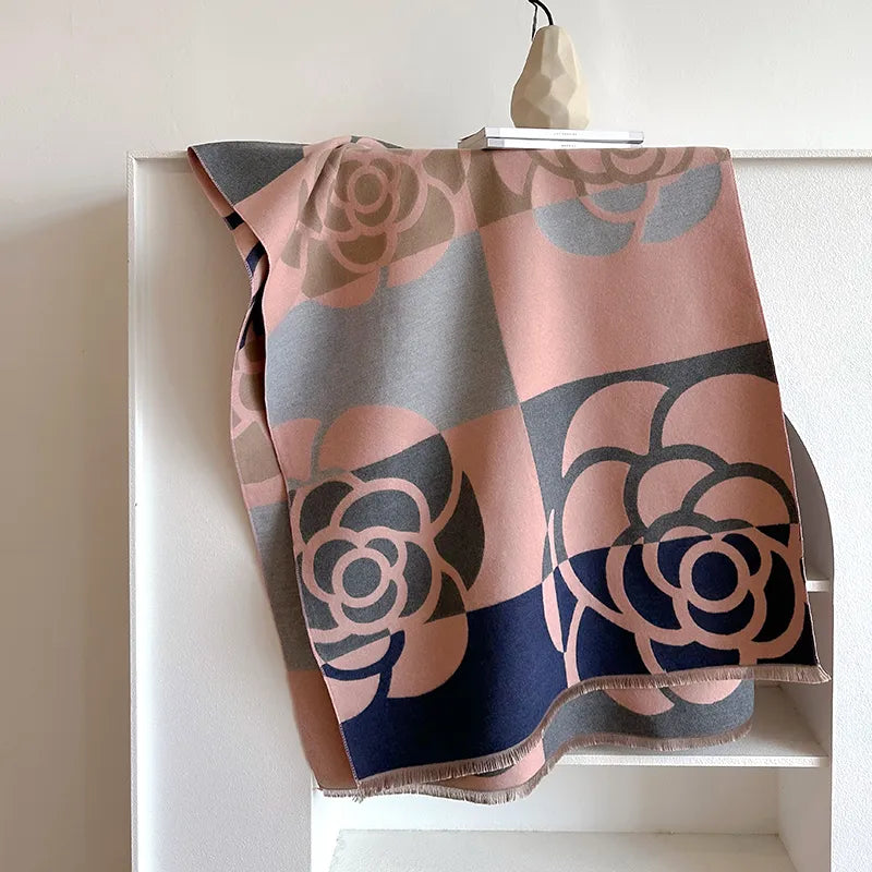 Camellia Print Reversible Scarf – Oversized Floral Wrap with Fringe
