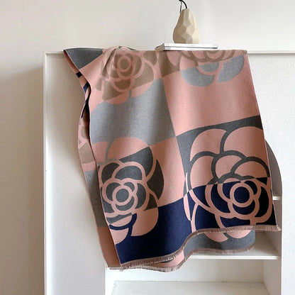Camellia Print Reversible Scarf – Oversized Floral Wrap with Fringe