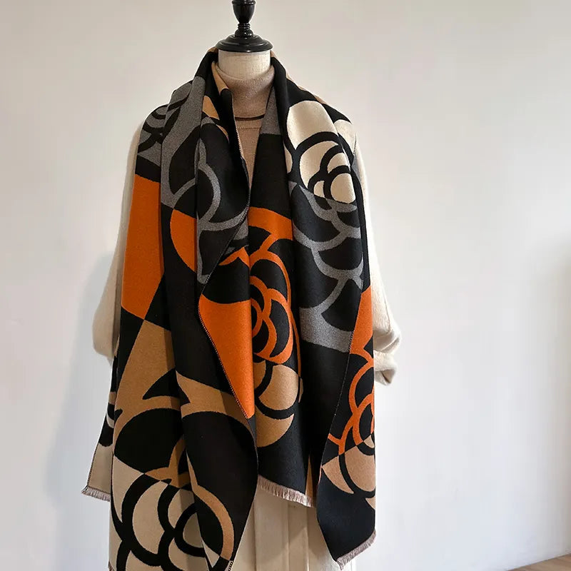 Camellia Print Reversible Scarf – Oversized Floral Wrap with Fringe