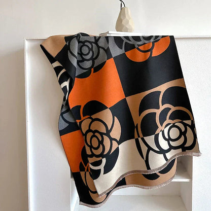 Camellia Print Reversible Scarf – Oversized Floral Wrap with Fringe