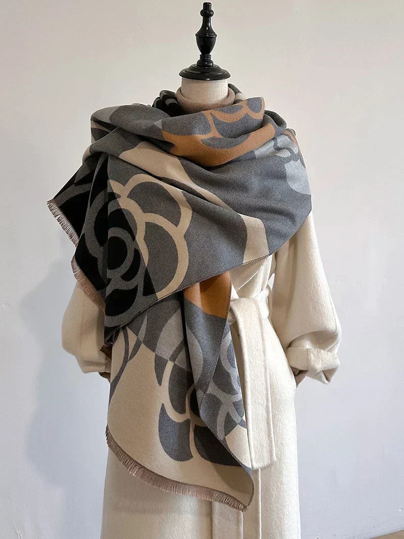 Camellia Print Reversible Scarf – Oversized Floral Wrap with Fringe