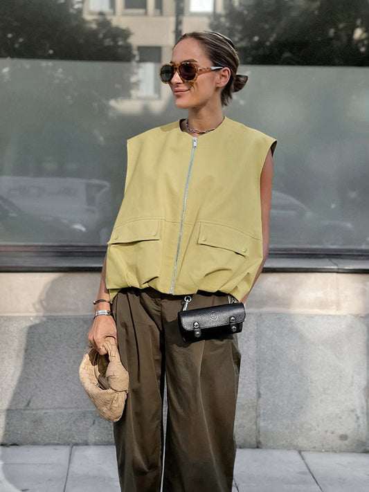 Cropped Zip-Up Cargo Vest – Sleeveless Utility Vest Women