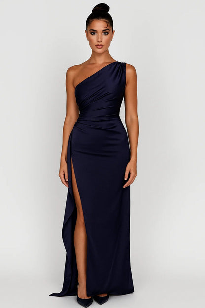 One-Shoulder Ruched Maxi Dress – Navy Bodycon High Slit Formal