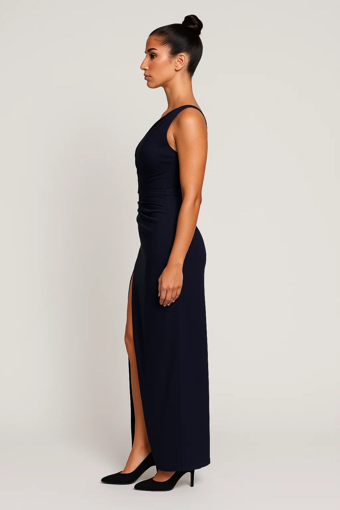 One-Shoulder Ruched Maxi Dress – Navy Bodycon High Slit Formal