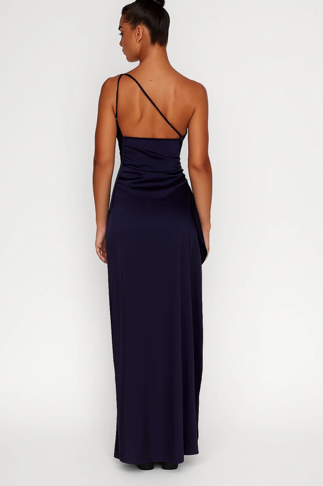 One-Shoulder Ruched Maxi Dress – Navy Bodycon High Slit Formal