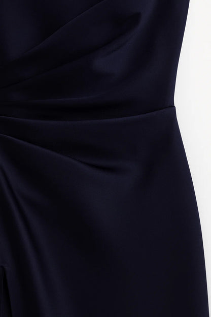 One-Shoulder Ruched Maxi Dress – Navy Bodycon High Slit Formal