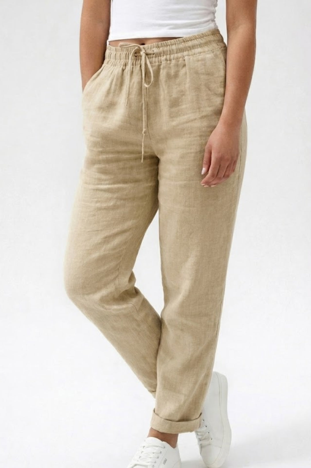 Linen Straight-Leg Pants – Drawstring Elastic Waist Casual Summer