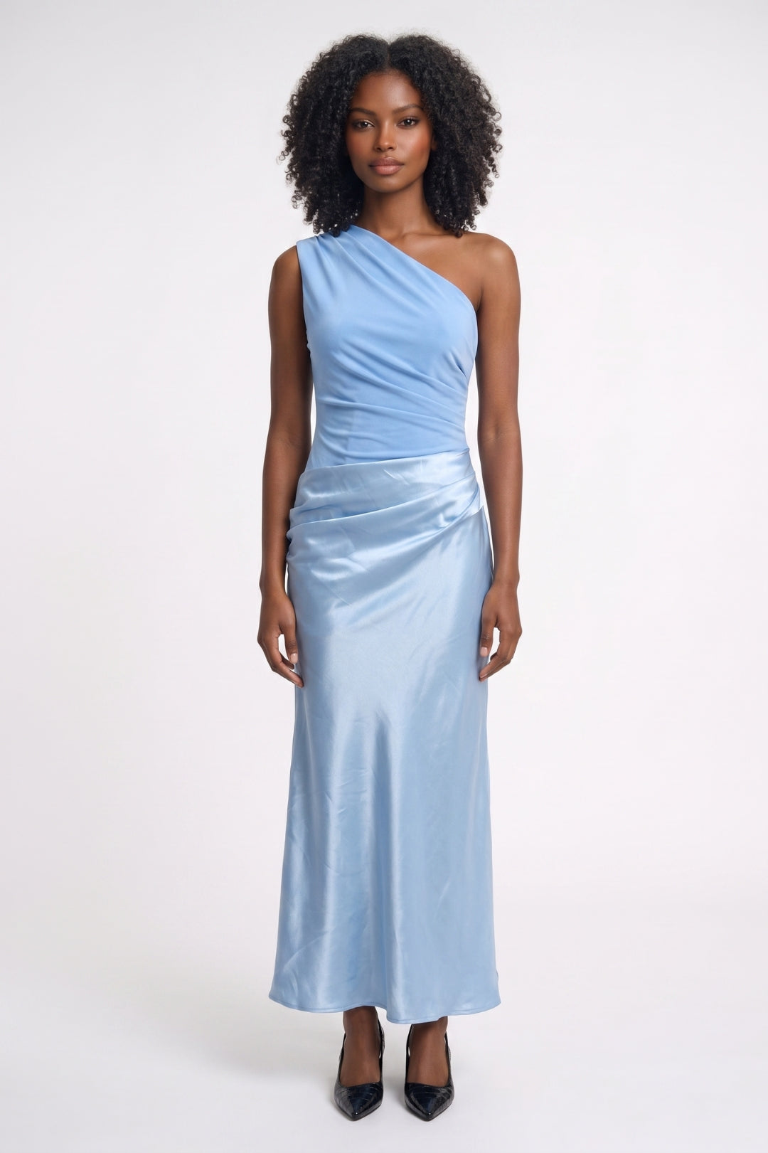 Satin One Shoulder Maxi Dress – Ruched Formal Evening Dress
