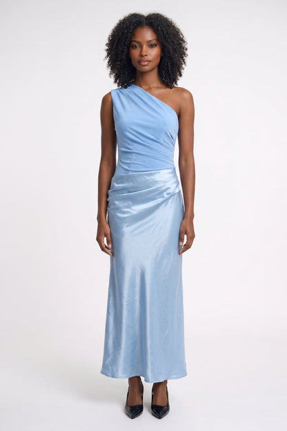 Satin One Shoulder Maxi Dress – Ruched Formal Evening Dress