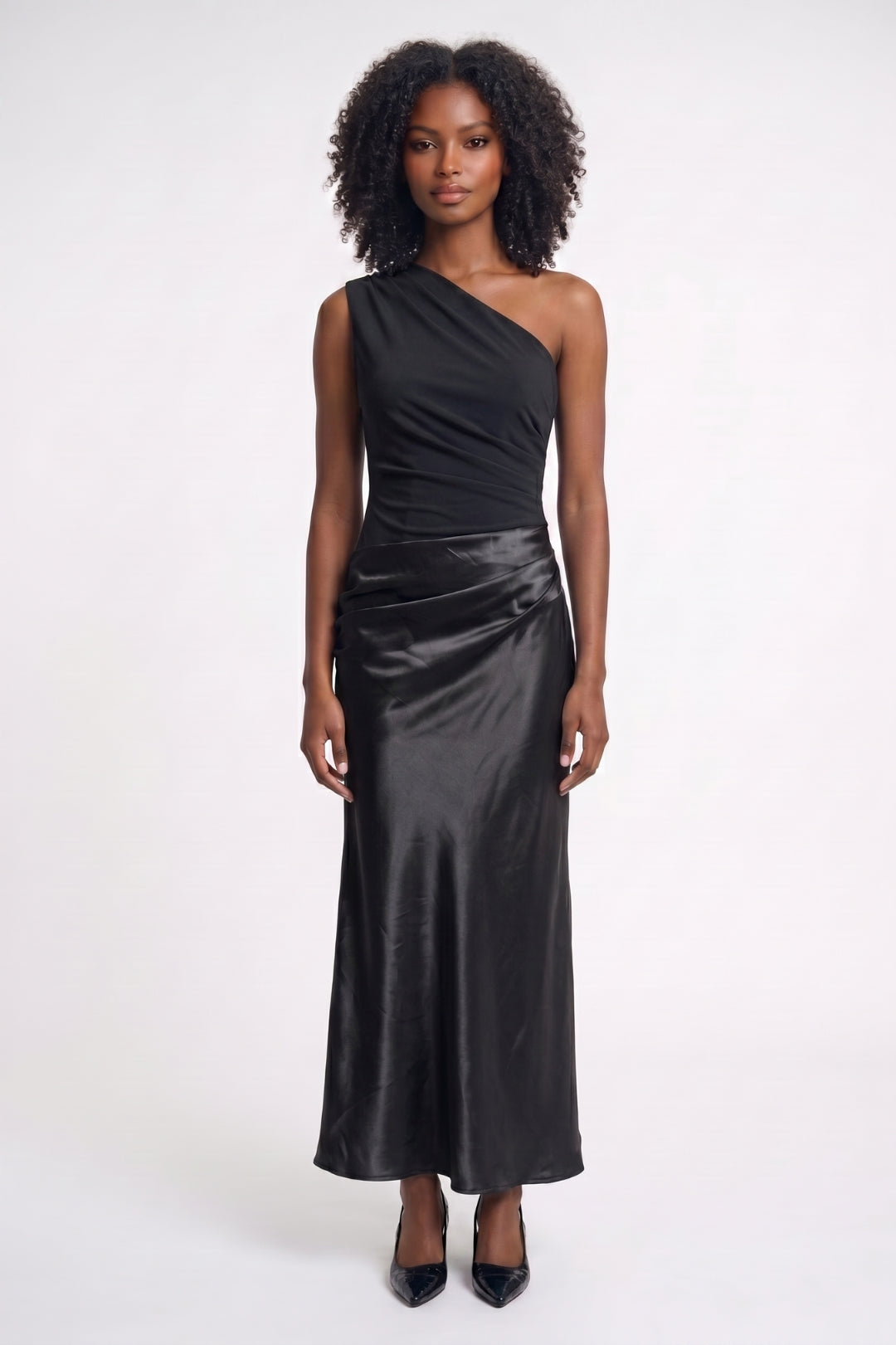 Satin One Shoulder Maxi Dress – Ruched Formal Evening Dress