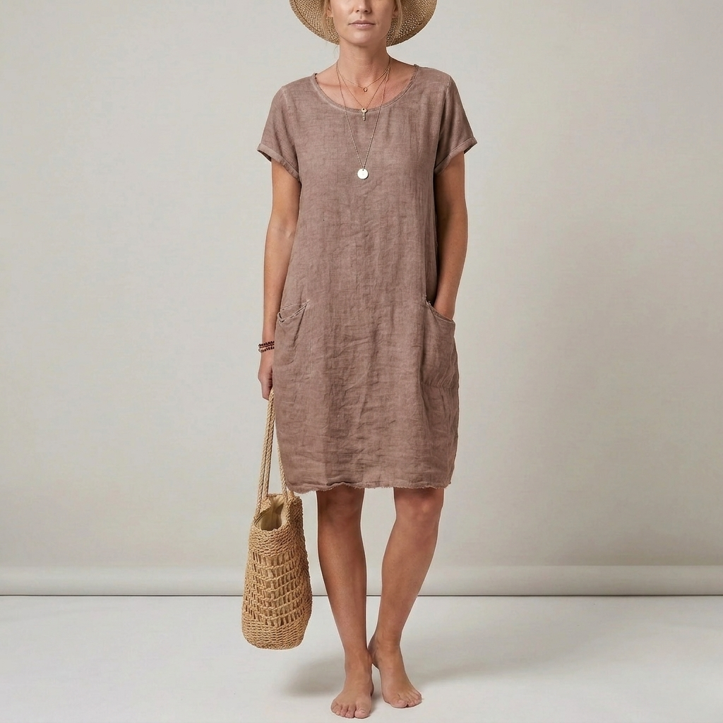 Linen Shift Dress – Short Sleeve Round Neck with Pockets