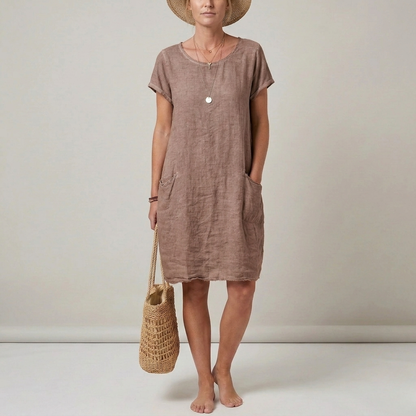 Linen Shift Dress – Short Sleeve Round Neck with Pockets