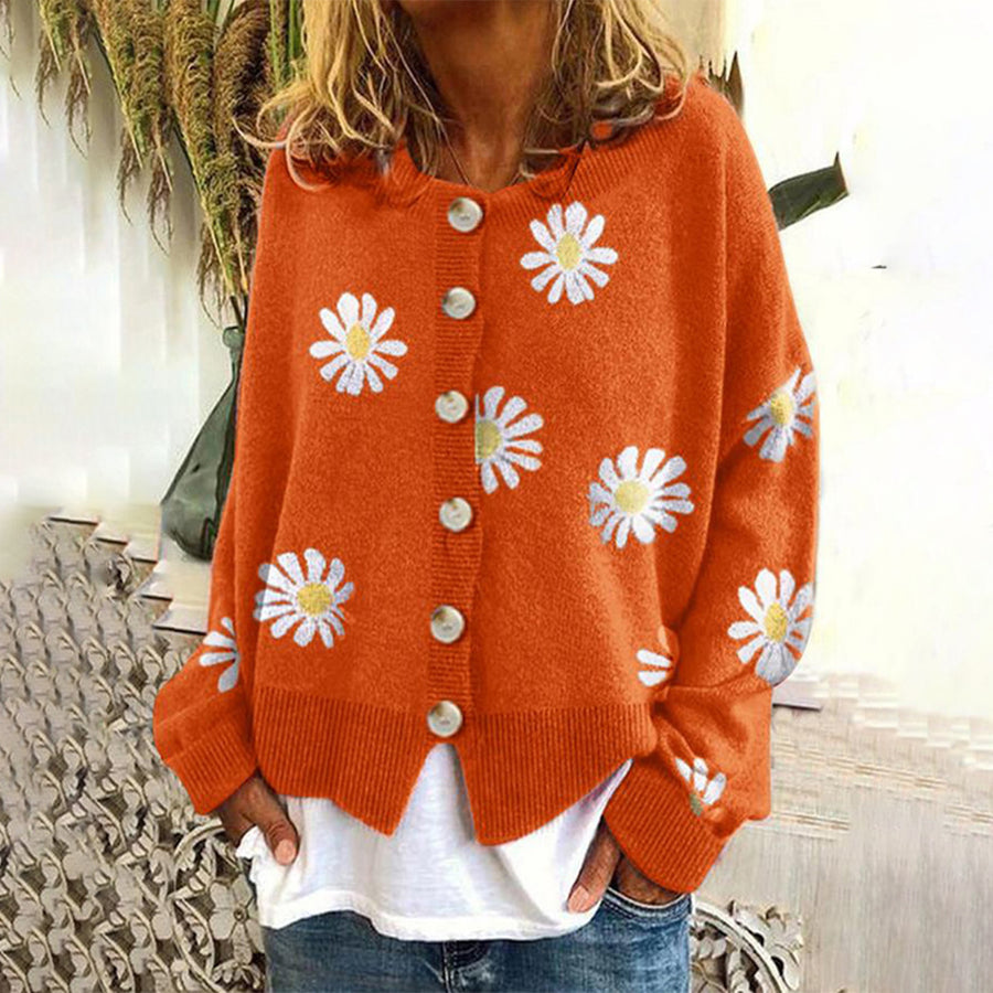 Daisy Floral Knit Cardigan – Button-Down Long Sleeve Sweater