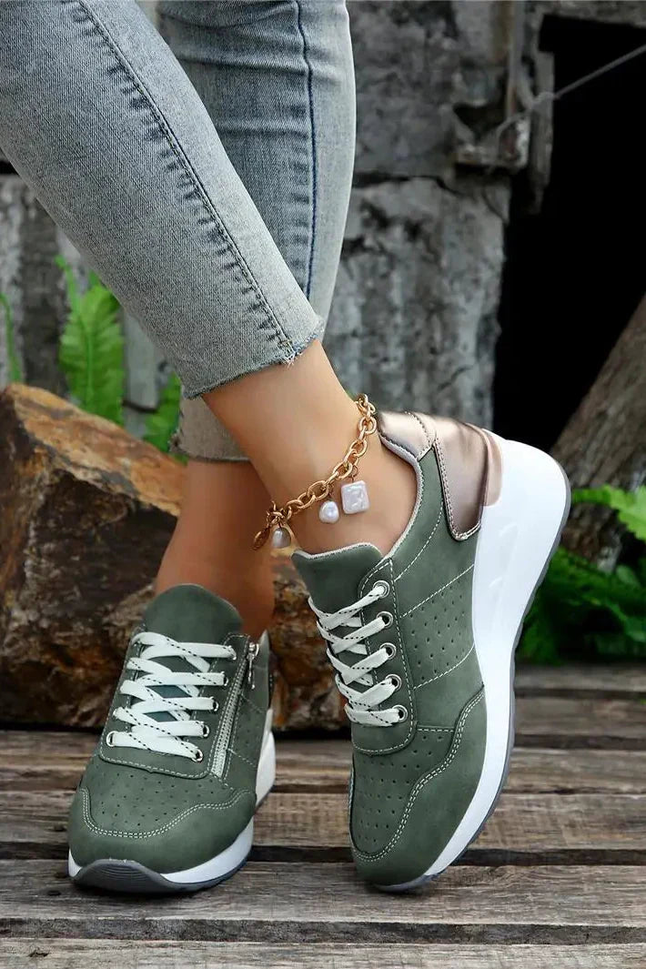 Women's Wedge Sneakers – Lace-Up Side Zip Cushioned Walking Shoe