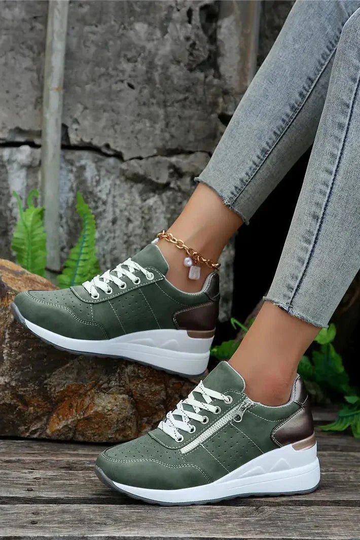 Women's Wedge Sneakers – Lace-Up Side Zip Cushioned Walking Shoe