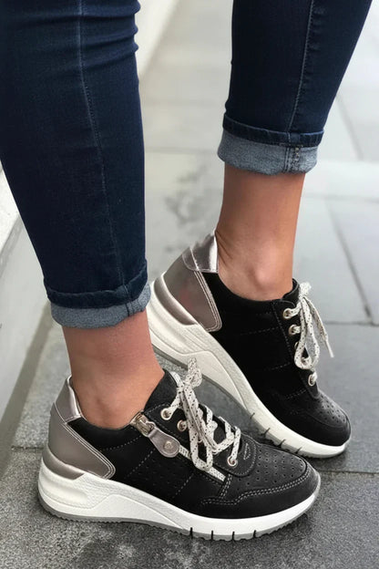 Women's Wedge Sneakers – Lace-Up Side Zip Cushioned Walking Shoe
