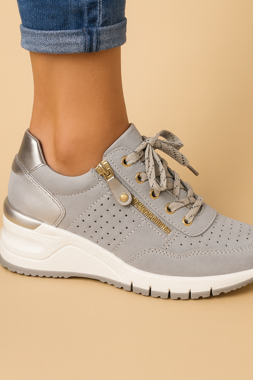 Women's Wedge Sneakers – Lace-Up Side Zip Cushioned Walking Shoe