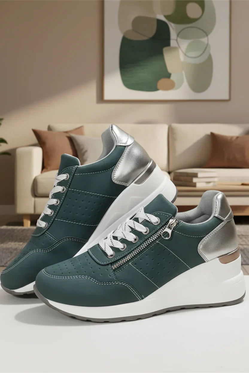 Women's Wedge Sneakers – Lace-Up Side Zip Cushioned Walking Shoe