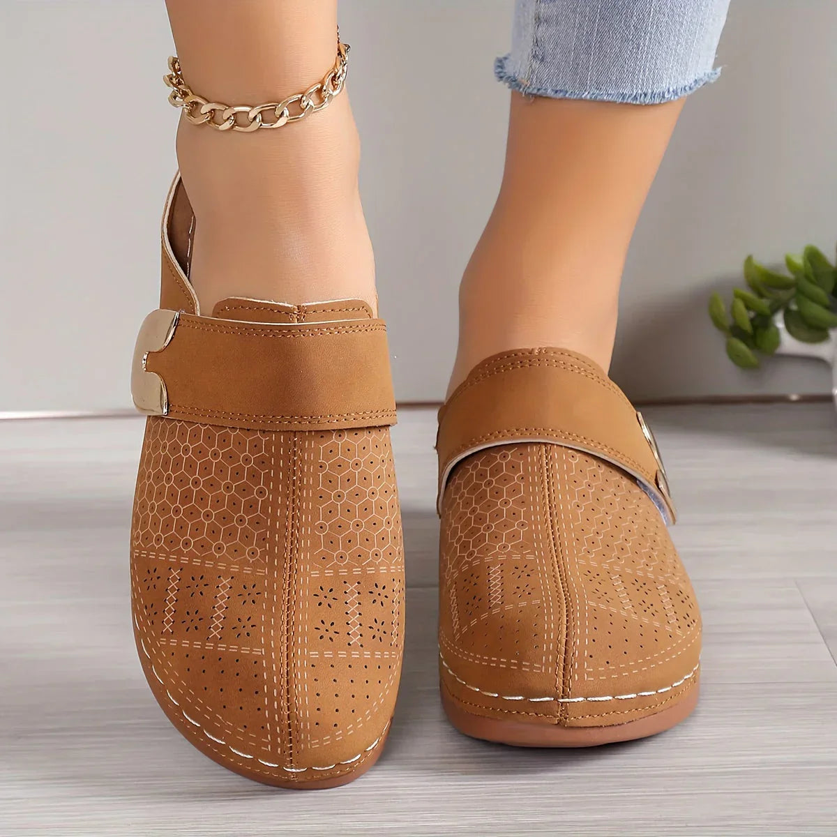 Women's Slip-On Mule Clogs – Cushioned Insole with Buckle Detail