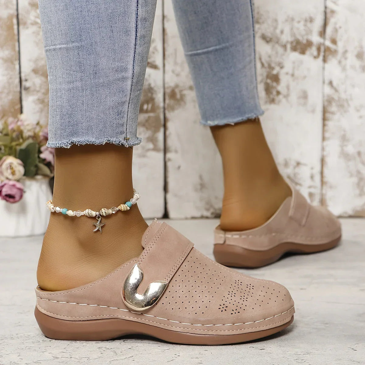 Women's Slip-On Mule Clogs – Cushioned Insole with Buckle Detail