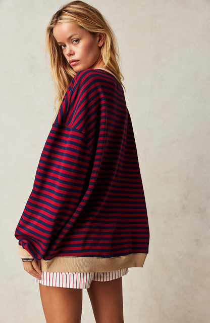 Oversized Striped Sweatshirt – Drop Shoulder Contrast Trim Pullover