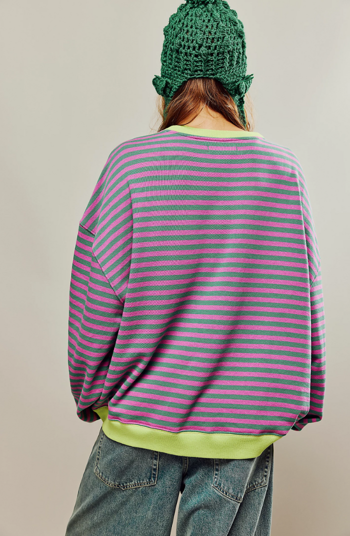 Oversized Striped Sweatshirt – Drop Shoulder Contrast Trim Pullover
