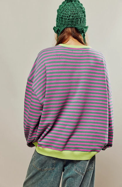 Oversized Striped Sweatshirt – Drop Shoulder Contrast Trim Pullover