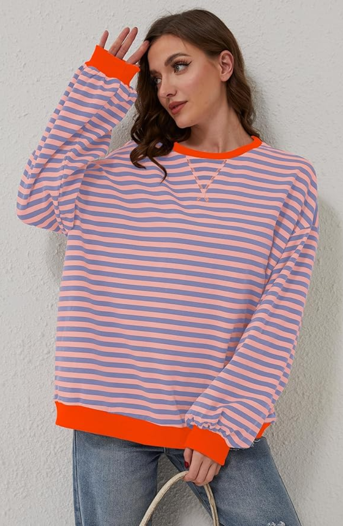 Oversized Striped Sweatshirt – Drop Shoulder Contrast Trim Pullover