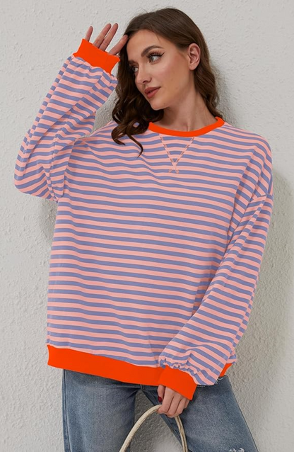 Oversized Striped Sweatshirt – Drop Shoulder Contrast Trim Pullover