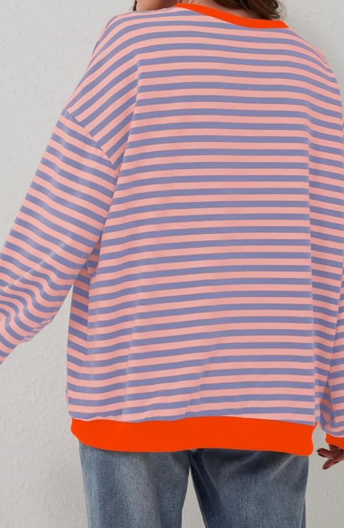 Oversized Striped Sweatshirt – Drop Shoulder Contrast Trim Pullover