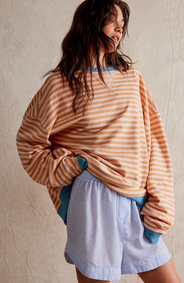 Oversized Striped Sweatshirt – Drop Shoulder Contrast Trim Pullover