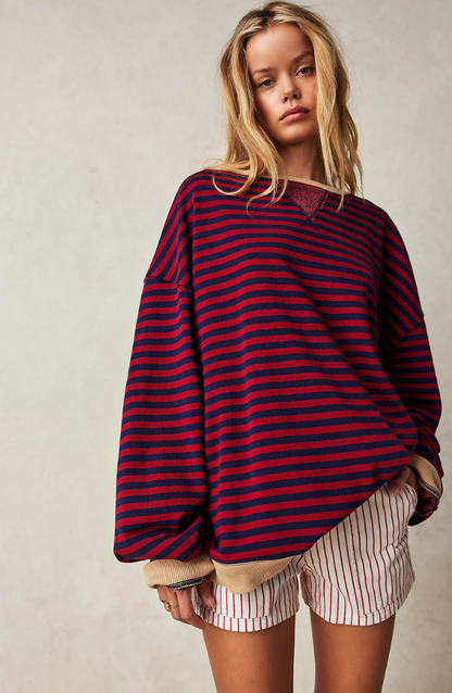 Oversized Striped Sweatshirt – Drop Shoulder Contrast Trim Pullover