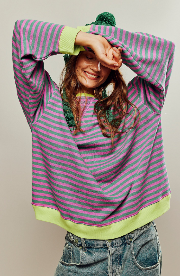 Oversized Striped Sweatshirt – Drop Shoulder Contrast Trim Pullover