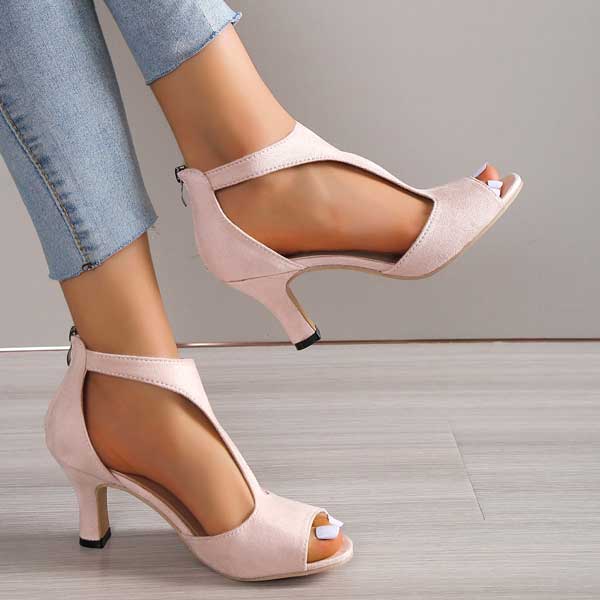 Peep Toe Block Heel Sandals – Cutout Suede Zip-Back Heels