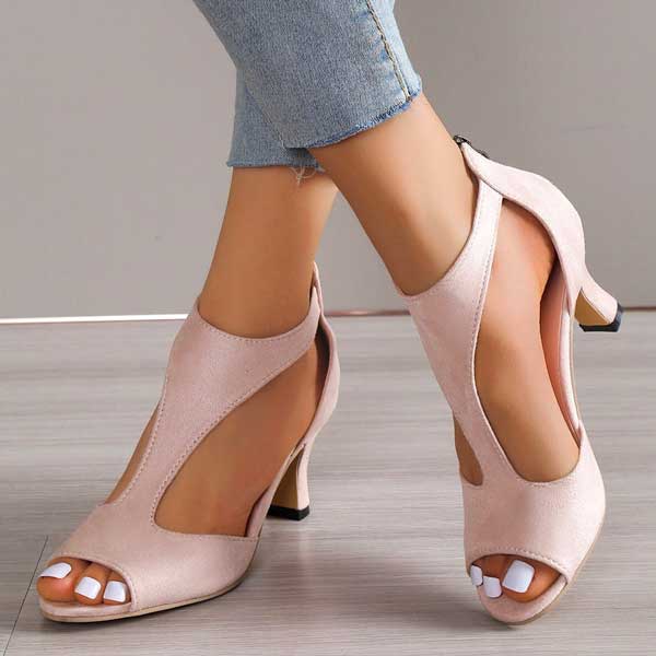 Peep Toe Block Heel Sandals – Cutout Suede Zip-Back Heels