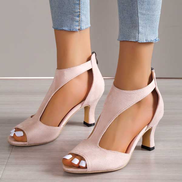 Peep Toe Block Heel Sandals – Cutout Suede Zip-Back Heels