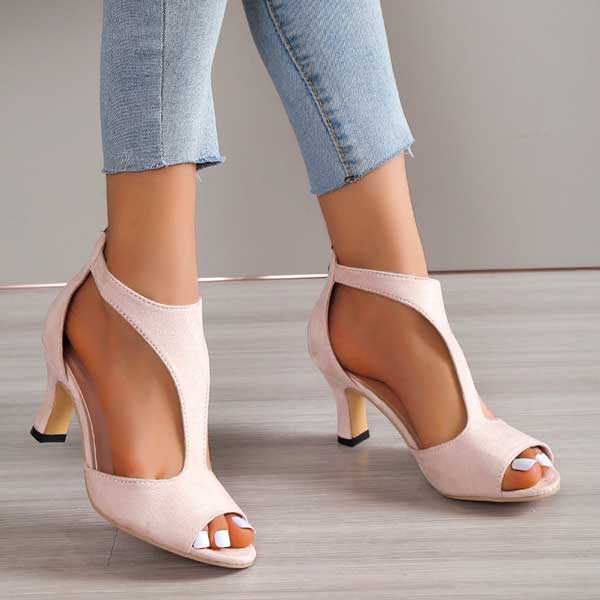 Peep Toe Block Heel Sandals – Cutout Suede Zip-Back Heels