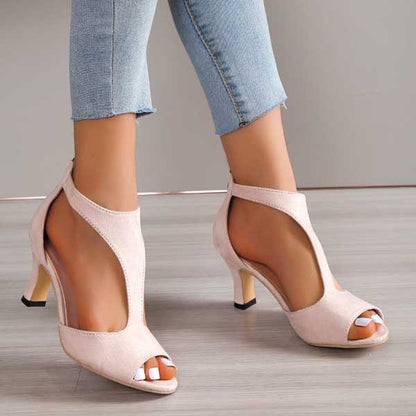 Peep Toe Block Heel Sandals – Cutout Suede Zip-Back Heels