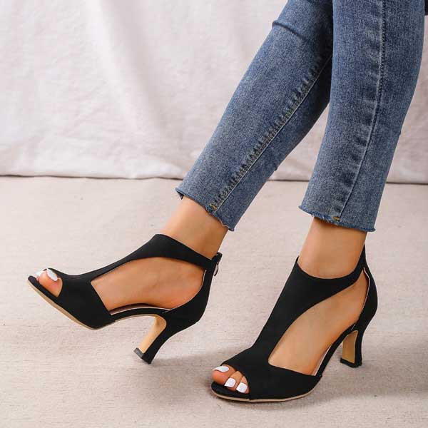 Peep Toe Block Heel Sandals – Cutout Suede Zip-Back Heels