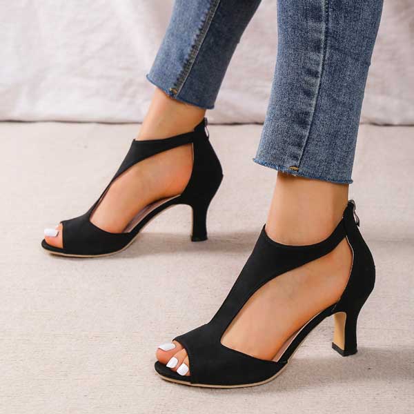 Peep Toe Block Heel Sandals – Cutout Suede Zip-Back Heels