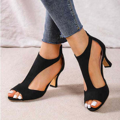Peep Toe Block Heel Sandals – Cutout Suede Zip-Back Heels