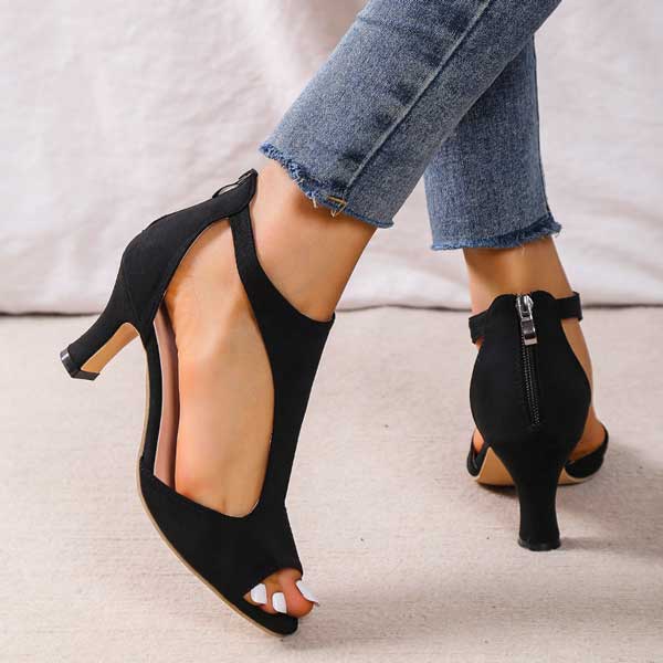 Peep Toe Block Heel Sandals – Cutout Suede Zip-Back Heels