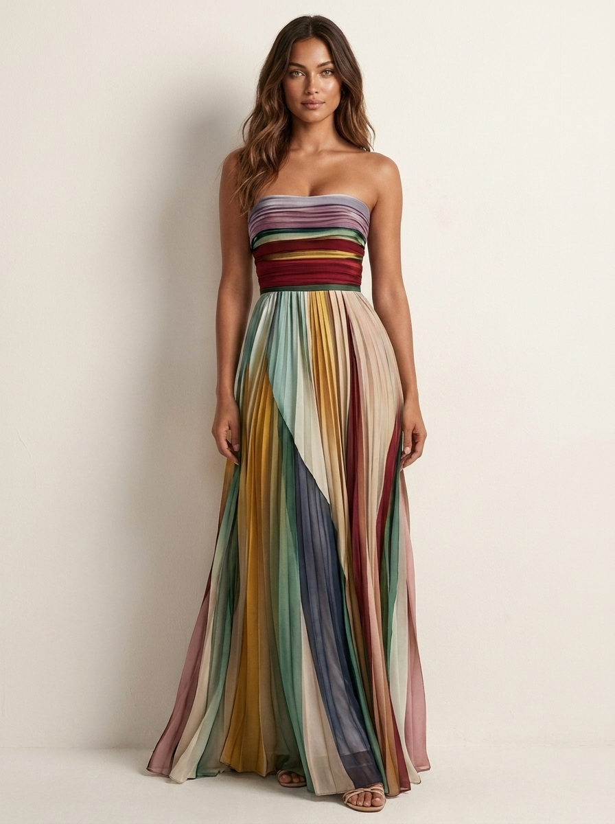 Pleated Strapless Maxi Dress – Multicolor Rainbow Stripe
